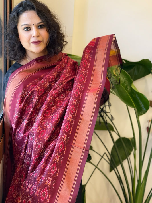 Maroon Handwoven Ikat Dupatta Pure Silk-Cotton