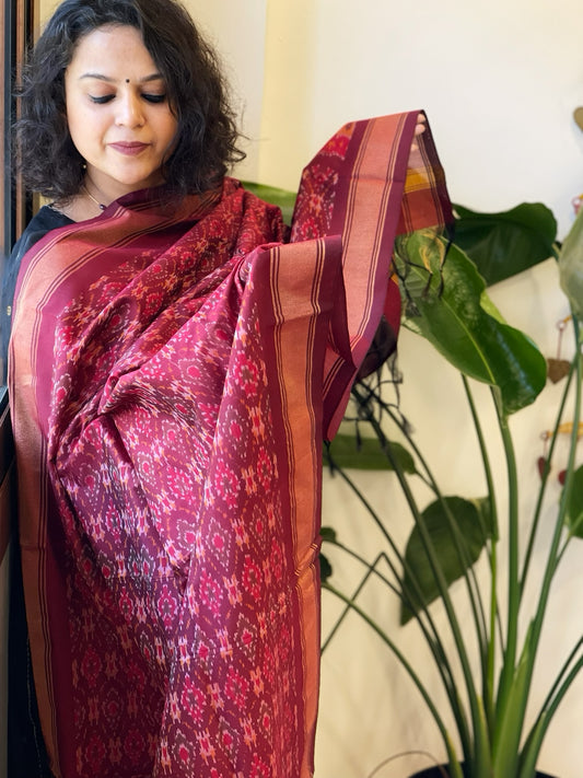Maroon Handwoven Ikat Dupatta Pure Silk-Cotton