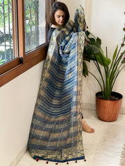 Blue Ajrakh Handblock Printed Organza Crepe Dupatta with Banarasi Border