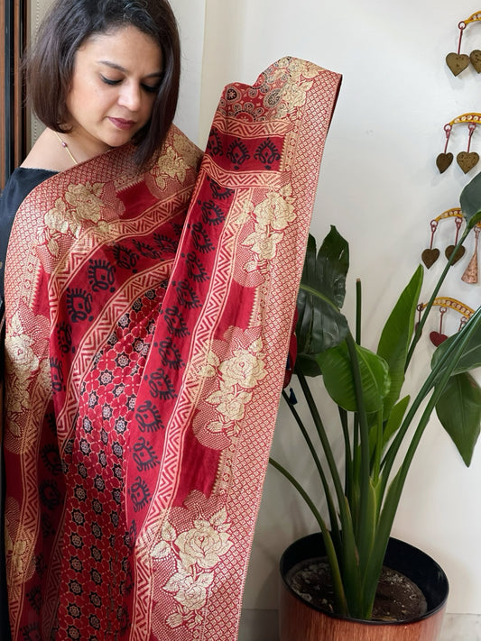 Reddish Rust Ajrakh Handblock Printed Organza Crepe Dupatta with Banarasi Border