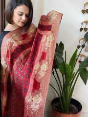 Reddish Rust Ajrakh Handblock Printed Organza Crepe Dupatta with Banarasi Border