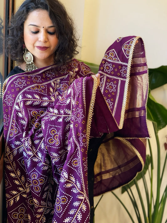 Purple Printed Bandhej Chanderi Dupatta with Leather Gotapatti Work