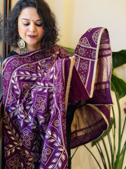 Purple Printed Bandhej Chanderi Dupatta with Leather Gotapatti Work