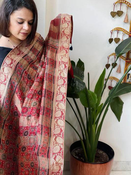 Reddish Rust Ajrakh Handblock Printed Organza Crepe Dupatta with Banarasi Border
