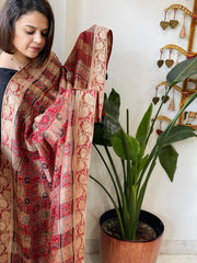 Reddish Rust Ajrakh Handblock Printed Organza Crepe Dupatta with Banarasi Border