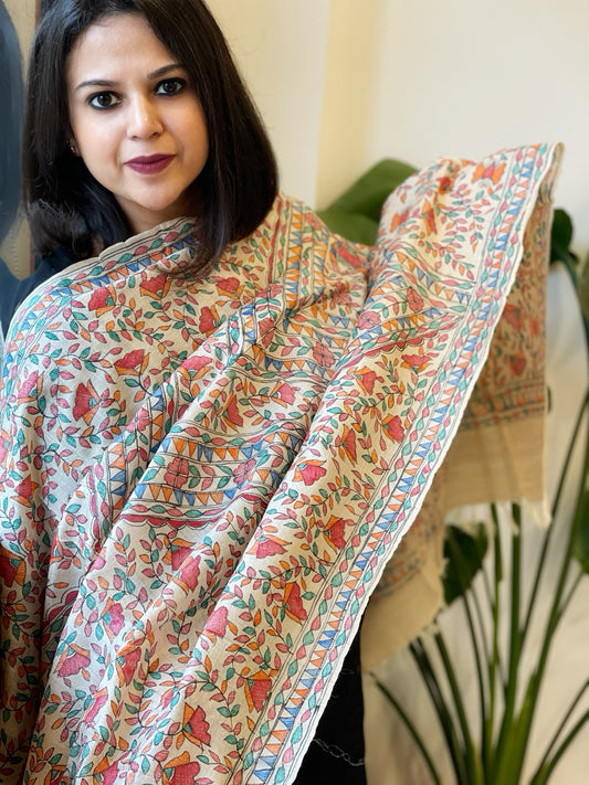 Handpainted Madhubani Dupatta in Pure Tussar Silk