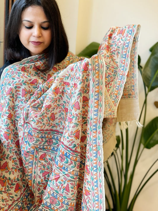 Handpainted Madhubani Dupatta in Pure Tussar Silk