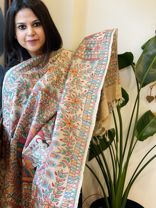 Handpainted Madhubani Dupatta in Pure Tussar Silk