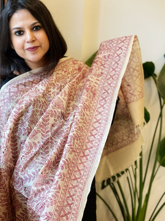 Handpainted Madhubani Dupatta in Pure Tussar Silk
