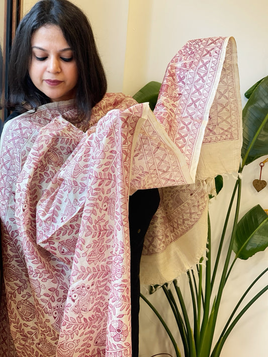 Handpainted Madhubani Dupatta in Pure Tussar Silk