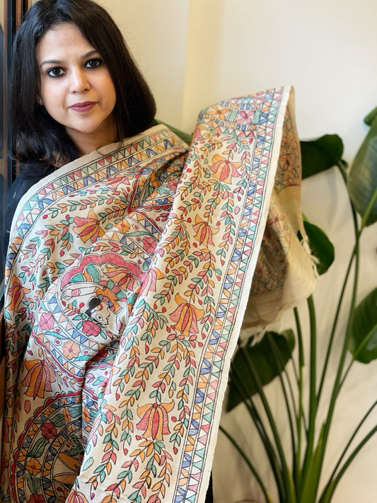 Handpainted Madhubani Dupatta in Pure Tussar Silk