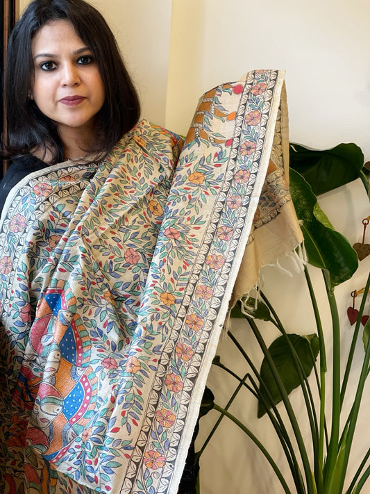 Handpainted Madhubani Dupatta in Pure Tussar Silk