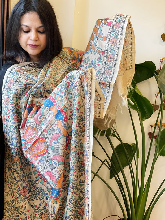 Handpainted Madhubani Dupatta in Pure Tussar Silk