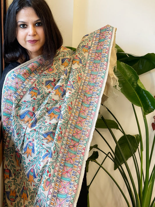Handpainted Madhubani Dupatta in Pure Tussar Silk