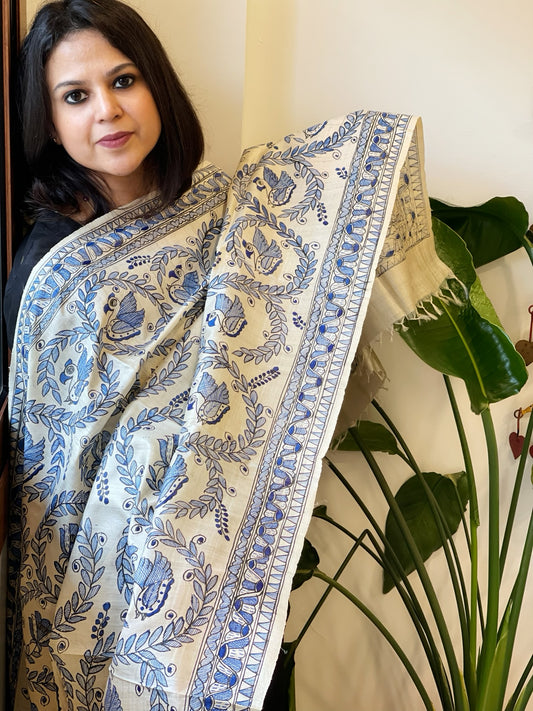 Handpainted Madhubani Dupatta in Pure Tussar Silk
