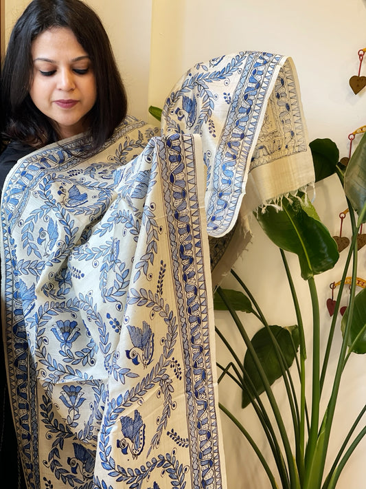 Handpainted Madhubani Dupatta in Pure Tussar Silk