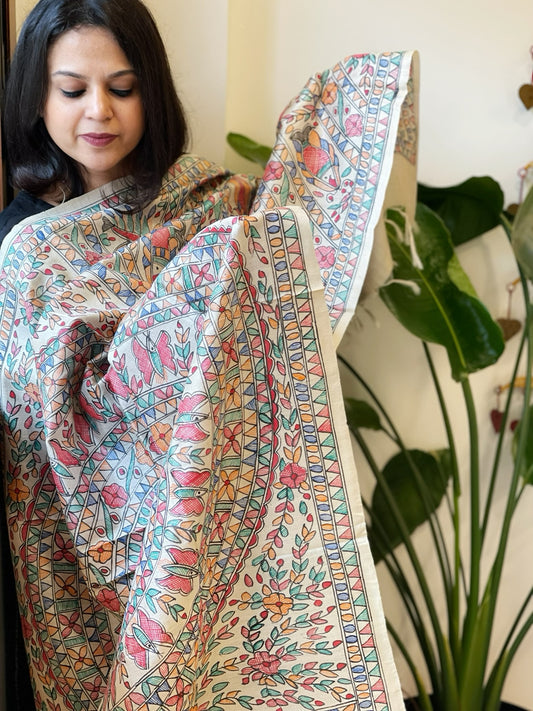 Handpainted Madhubani Dupatta in Pure Tussar Silk