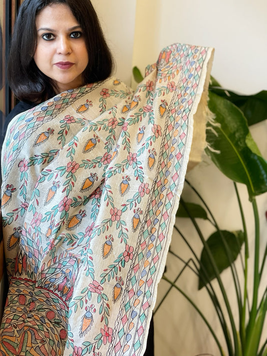 Handpainted Madhubani Dupatta in Pure Tussar Silk