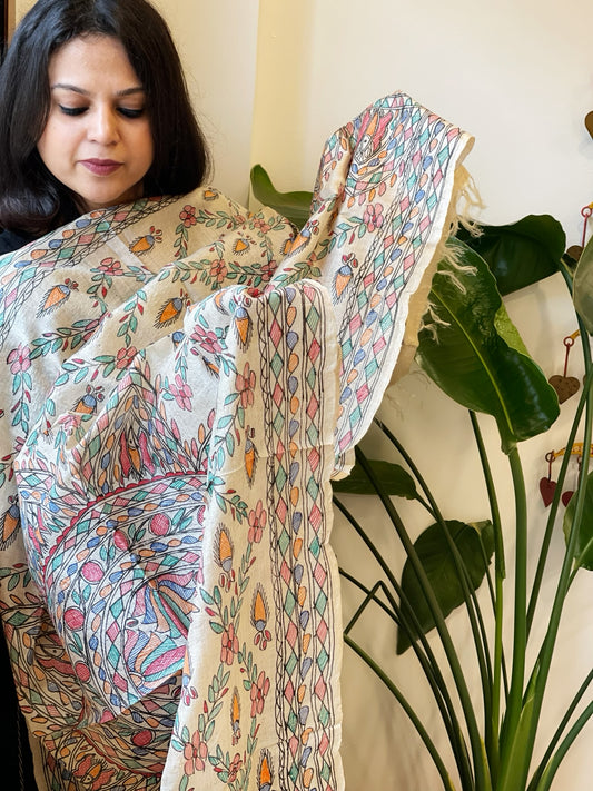 Handpainted Madhubani Dupatta in Pure Tussar Silk