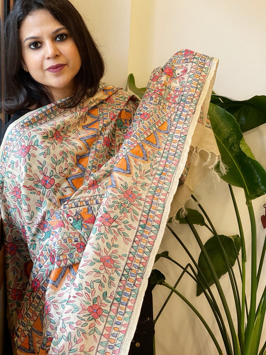 Handpainted Madhubani Dupatta in Pure Tussar Silk