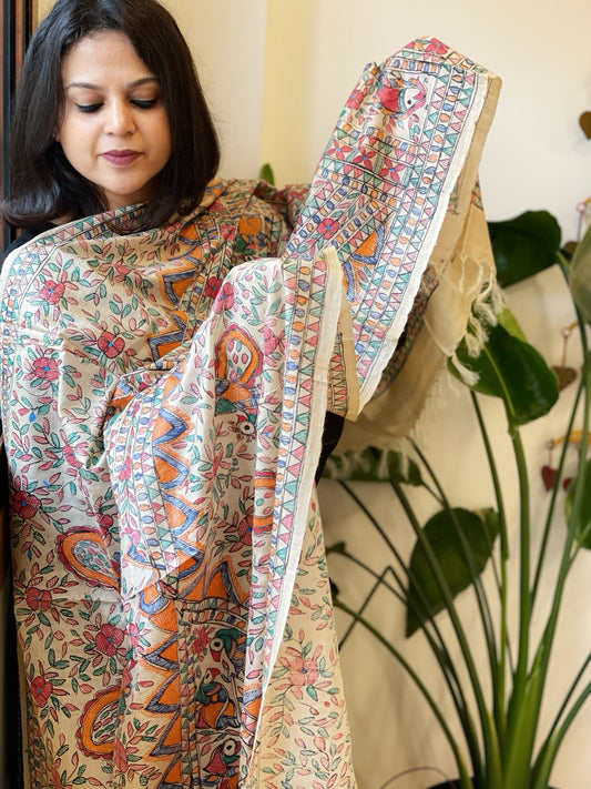 Handpainted Madhubani Dupatta in Pure Tussar Silk