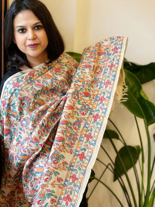 Handpainted Madhubani Dupatta in Pure Tussar Silk