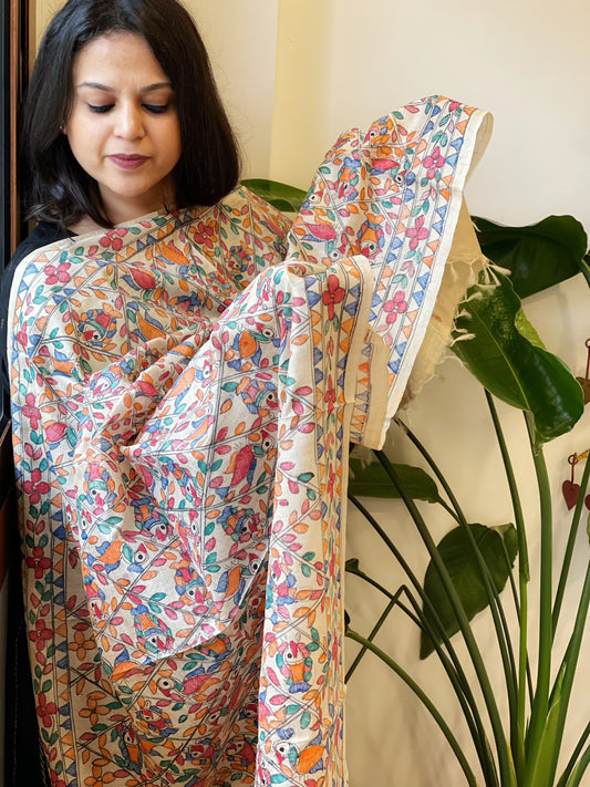Handpainted Madhubani Dupatta in Pure Tussar Silk