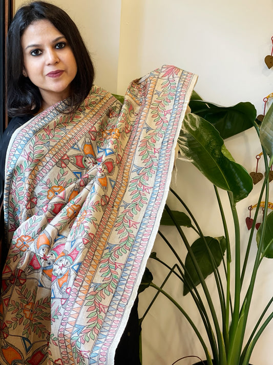 Handpainted Madhubani Dupatta in Pure Tussar Silk
