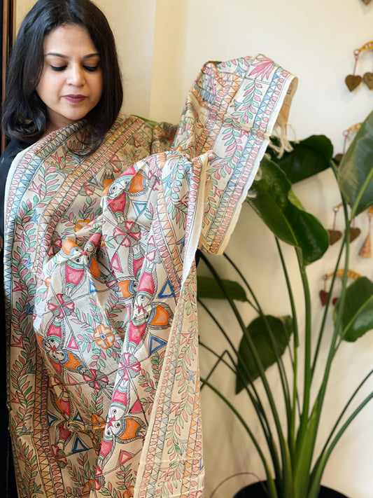 Handpainted Madhubani Dupatta in Pure Tussar Silk