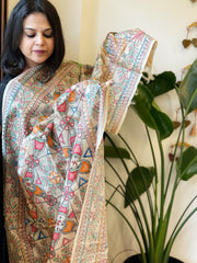 Handpainted Madhubani Dupatta in Pure Tussar Silk