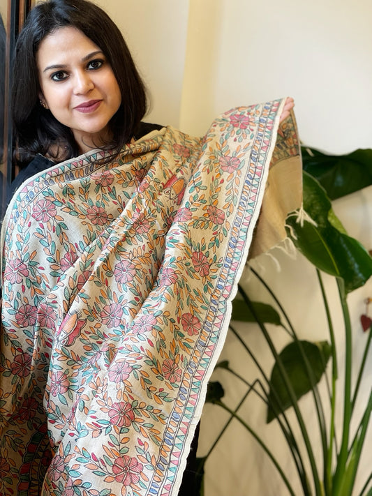 Handpainted Madhubani Dupatta in Pure Tussar Silk