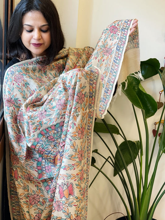 Handpainted Madhubani Dupatta in Pure Tussar Silk