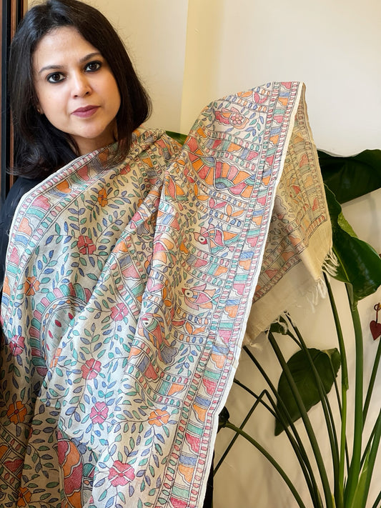 Handpainted Madhubani Dupatta in Pure Tussar Silk