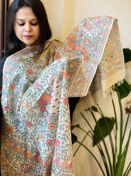 Handpainted Madhubani Dupatta in Pure Tussar Silk