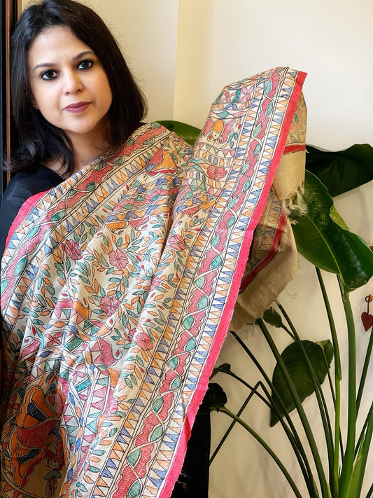 Handpainted Madhubani Dupatta in Pure Tussar Silk