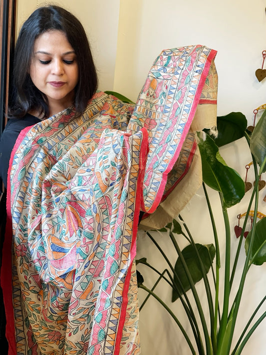 Handpainted Madhubani Dupatta in Pure Tussar Silk