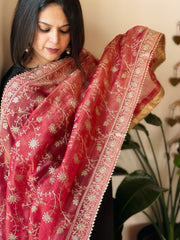 Carrot Pink Tissue Dupatta with Thread & Sequin Embroidery