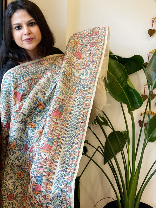 Handpainted Madhubani Dupatta in Pure Tussar Silk
