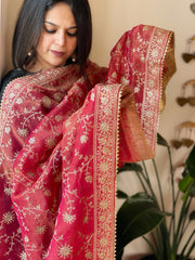 Carrot Pink Tissue Dupatta with Thread & Sequin Embroidery