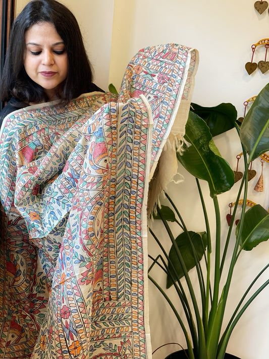 Handpainted Madhubani Dupatta in Pure Tussar Silk