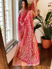 Carrot Pink Tissue Dupatta with Thread & Sequin Embroidery