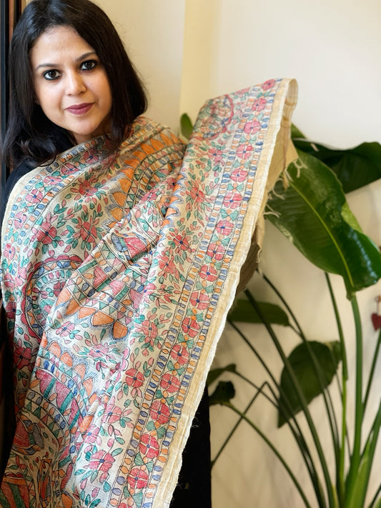Handpainted Madhubani Dupatta in Pure Tussar Silk