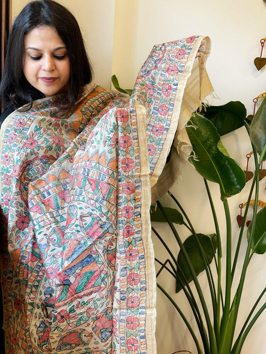 Handpainted Madhubani Dupatta in Pure Tussar Silk