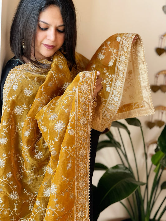 Yellow Tissue Dupatta with Thread & Sequin Embroidery