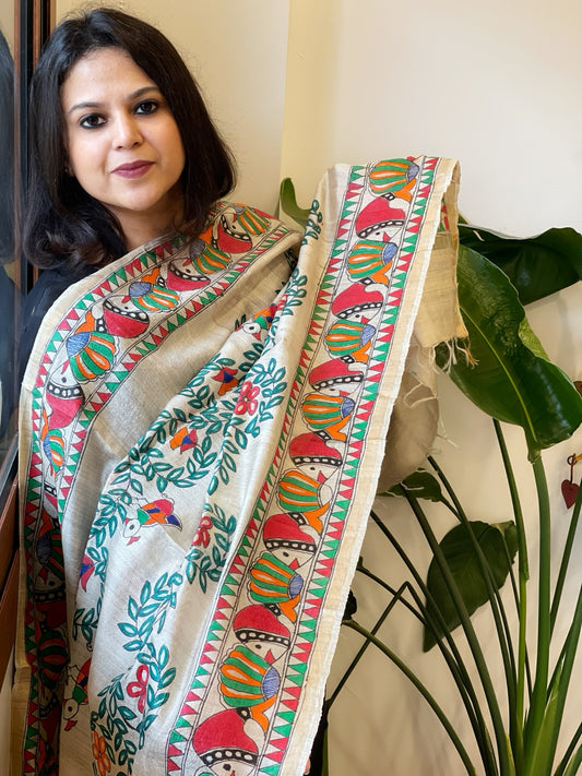 Handpainted Madhubani Dupatta in Pure Tussar Silk