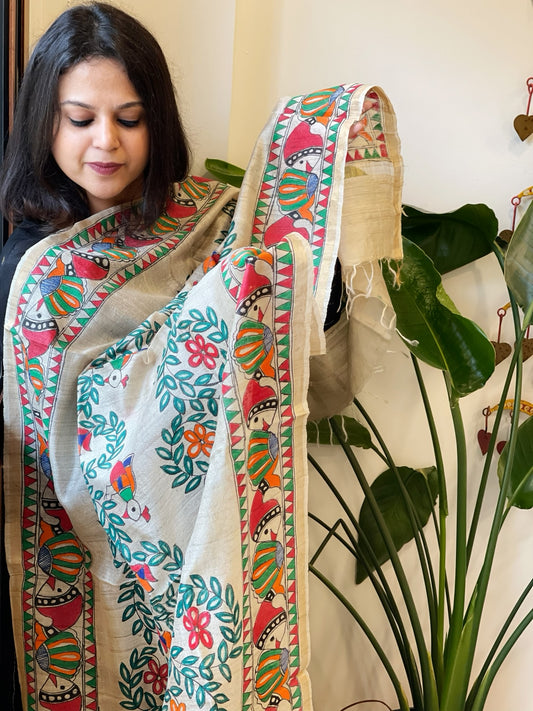 Handpainted Madhubani Dupatta in Pure Tussar Silk