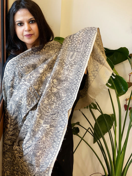 Handpainted Madhubani Dupatta in Pure Tussar Silk
