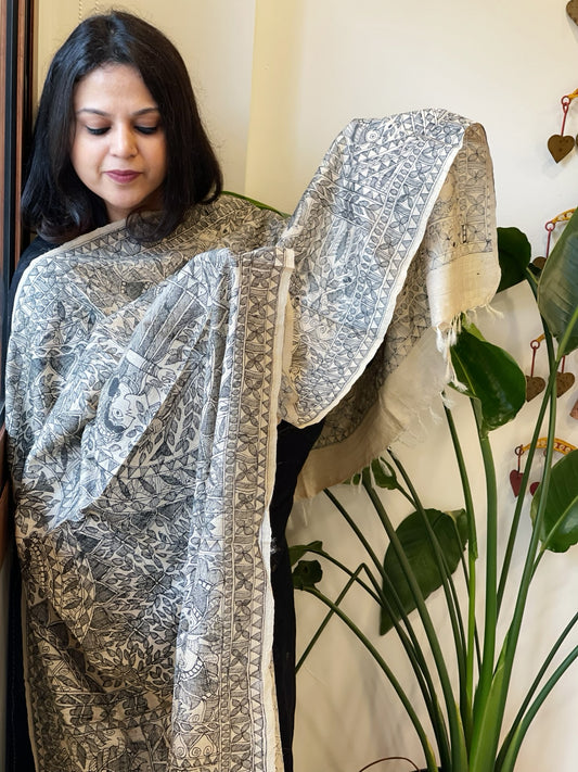 Handpainted Madhubani Dupatta in Pure Tussar Silk