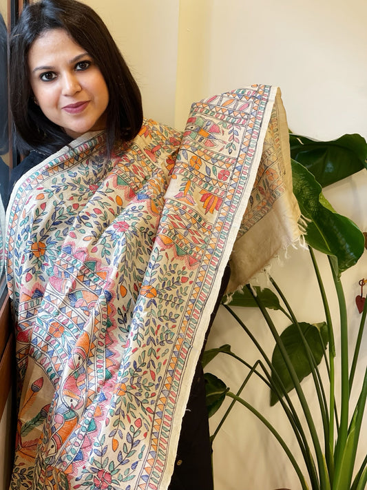 Handpainted Madhubani Dupatta in Pure Tussar Silk