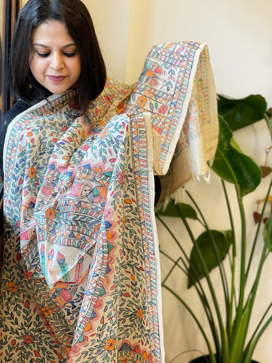 Handpainted Madhubani Dupatta in Pure Tussar Silk